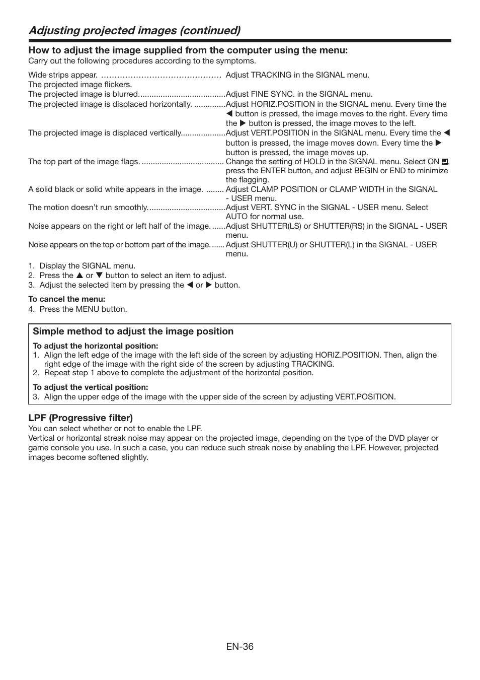 Adjusting projected images (continued) | Mitsumi electronic XD3500U User Manual | Page 36 / 53