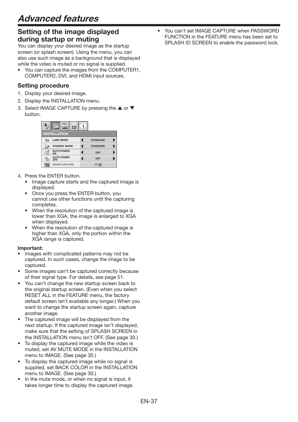 Advanced features, En-37, Setting procedure | Mitsumi electronic XD3500U User Manual | Page 37 / 53