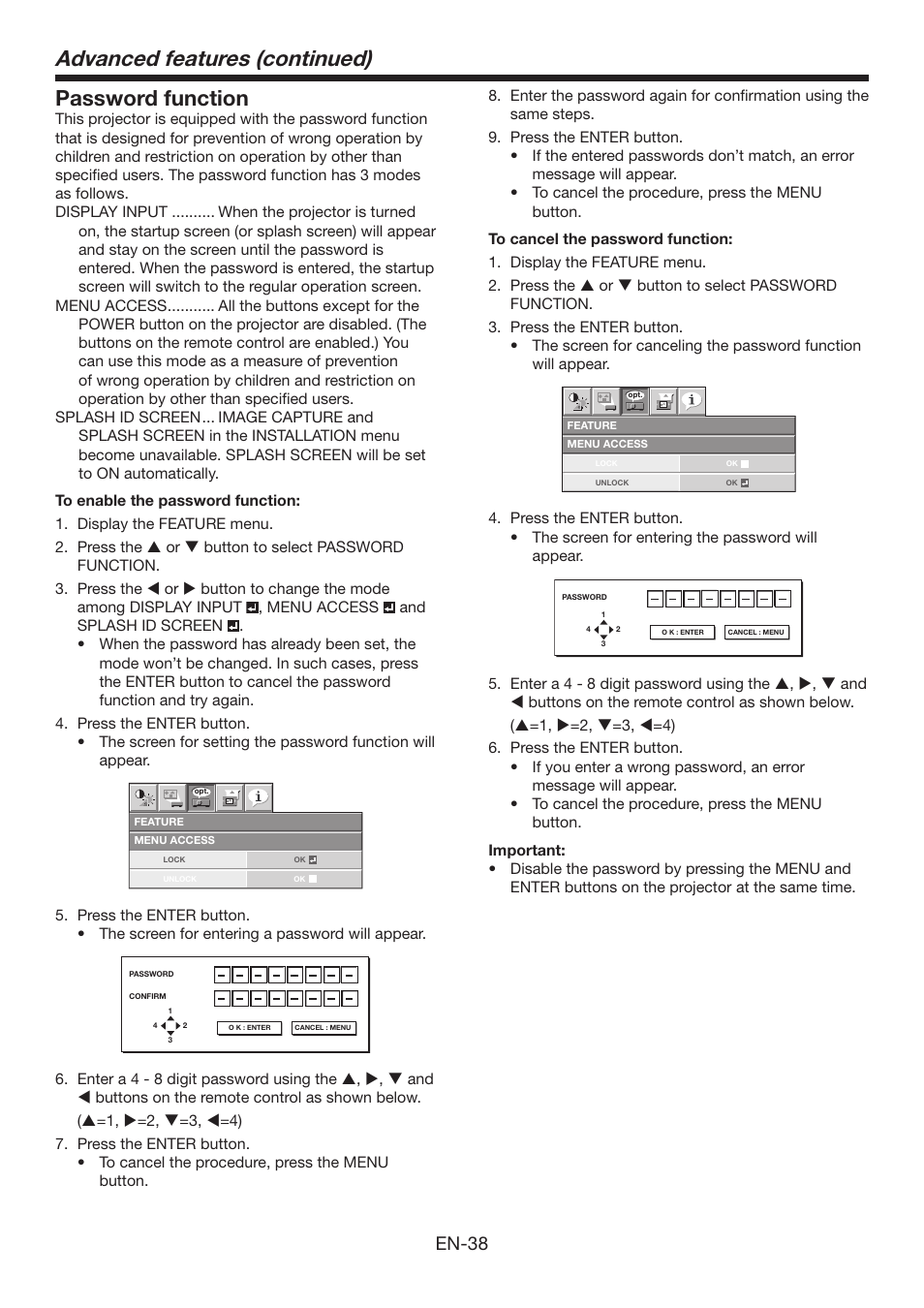 Advanced features (continued), Password function, En-38 | Mitsumi electronic XD3500U User Manual | Page 38 / 53