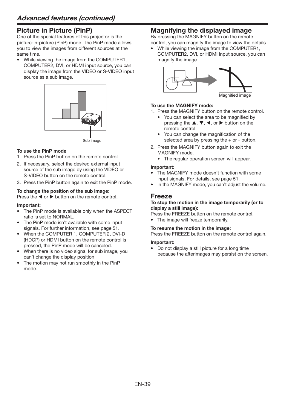 Advanced features (continued), Picture in picture (pinp), Magnifying the displayed image | Freeze | Mitsumi electronic XD3500U User Manual | Page 39 / 53