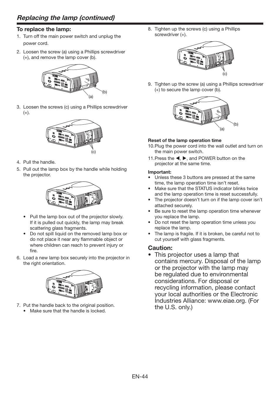 Replacing the lamp (continued), Caution | Mitsumi electronic XD3500U User Manual | Page 44 / 53