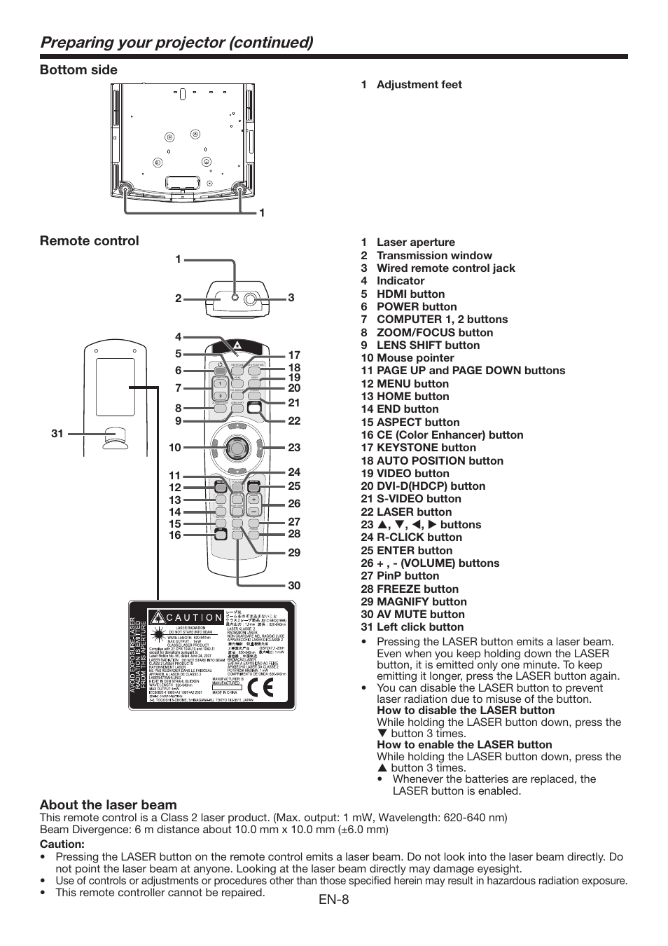 Preparing your projector (continued), En-8, Bottom side | Remote control, About the laser beam, 1 adjustment feet 31 | Mitsumi electronic XD3500U User Manual | Page 8 / 53