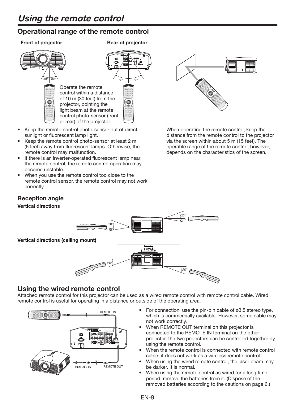 Using the remote control, Operational range of the remote control, Using the wired remote control | En-9, Reception angle | Mitsumi electronic XD3500U User Manual | Page 9 / 53
