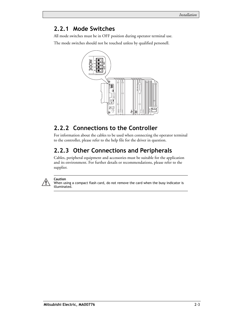 1 mode switches, 2 connections to the controller, 3 other connections and peripherals | Mode, Installation | Mitsumi electronic Mac E1070 User Manual | Page 11 / 24
