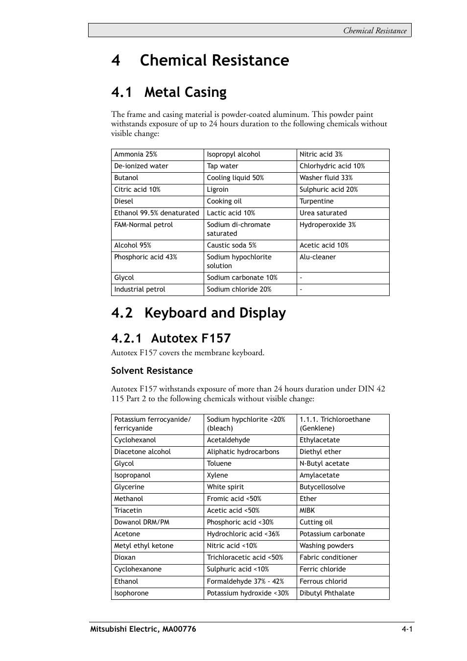 4 chemical resistance, 1 metal casing, 2 keyboard and display | 1 autotex f157, 4 chemical resistance -1, 1 metal casing -1 4.2 keyboard and display -1, 1 autotex f157 -1, 4chemical resistance, Solvent resistance | Mitsumi electronic Mac E1070 User Manual | Page 15 / 24
