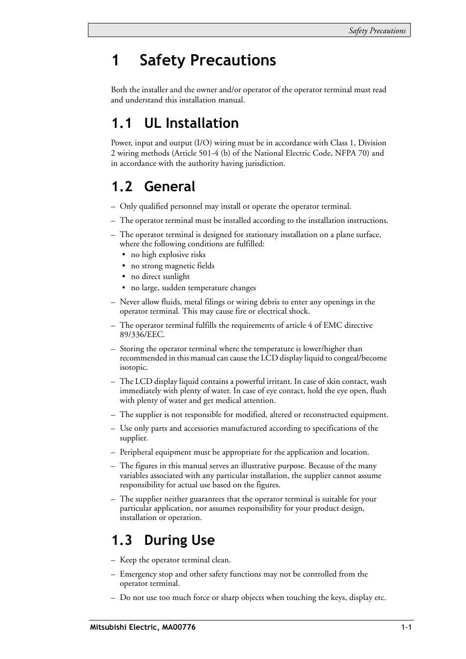 1 safety precautions, 1 ul installation, 2 general | 3 during use, 1 safety precautions -1, 1safety precautions | Mitsumi electronic Mac E1070 User Manual | Page 7 / 24