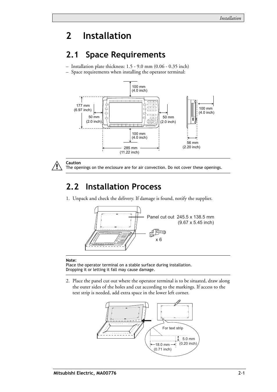2 installation, 1 space requirements, 2 installation process | 2 installation -1, 2installation | Mitsumi electronic Mac E1070 User Manual | Page 9 / 24