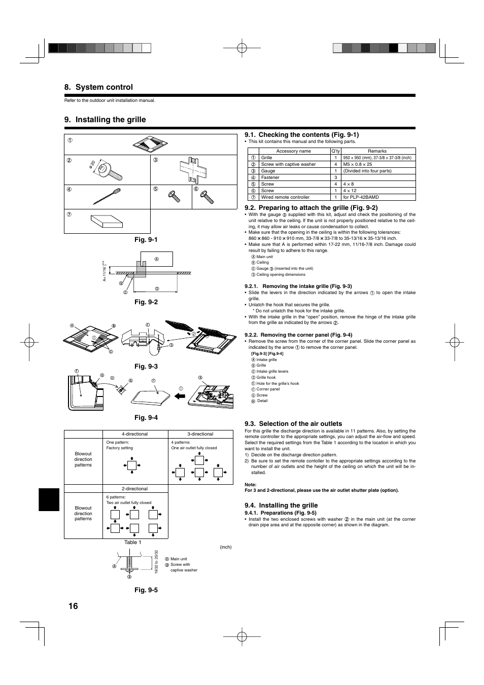 Installing the grille 8. system control, Checking the contents (fig. 9-1), Preparing to attach the grille (fig. 9-2) | Selection of the air outlets, Installing the grille, Fig. 9-5, Fig. 9-1 fig. 9-2, Fig. 9-3 fig. 9-4 | Mitsumi electronic MR. SLIM PLA-ABA User Manual | Page 16 / 56