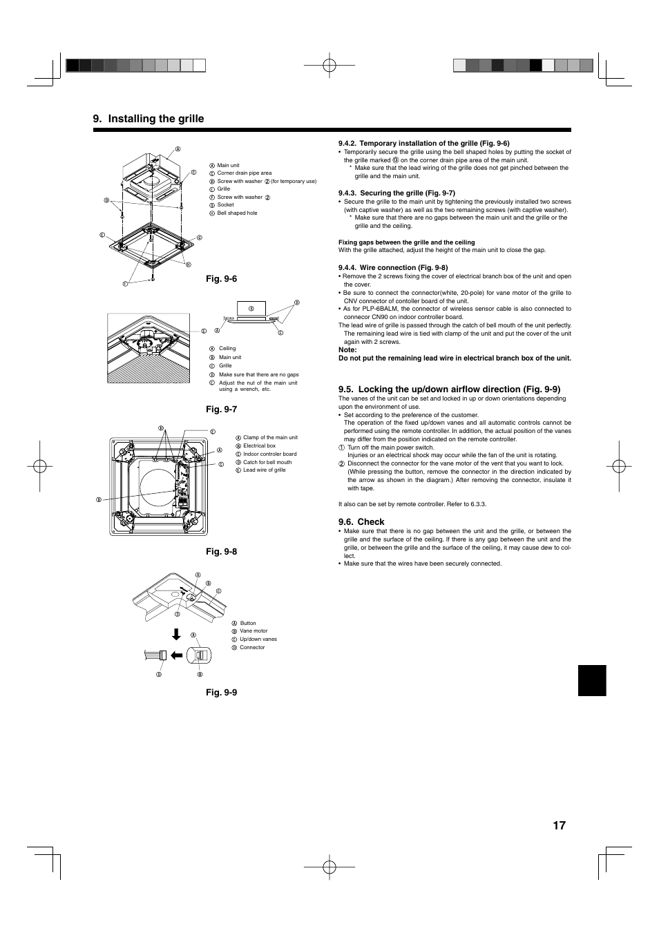 Installing the grille, Fig. 9-6, Fig. 9-7 fig. 9-8 | Fig. 9-9, Locking the up/down airfl ow direction (fig. 9-9), Check | Mitsumi electronic MR. SLIM PLA-ABA User Manual | Page 17 / 56