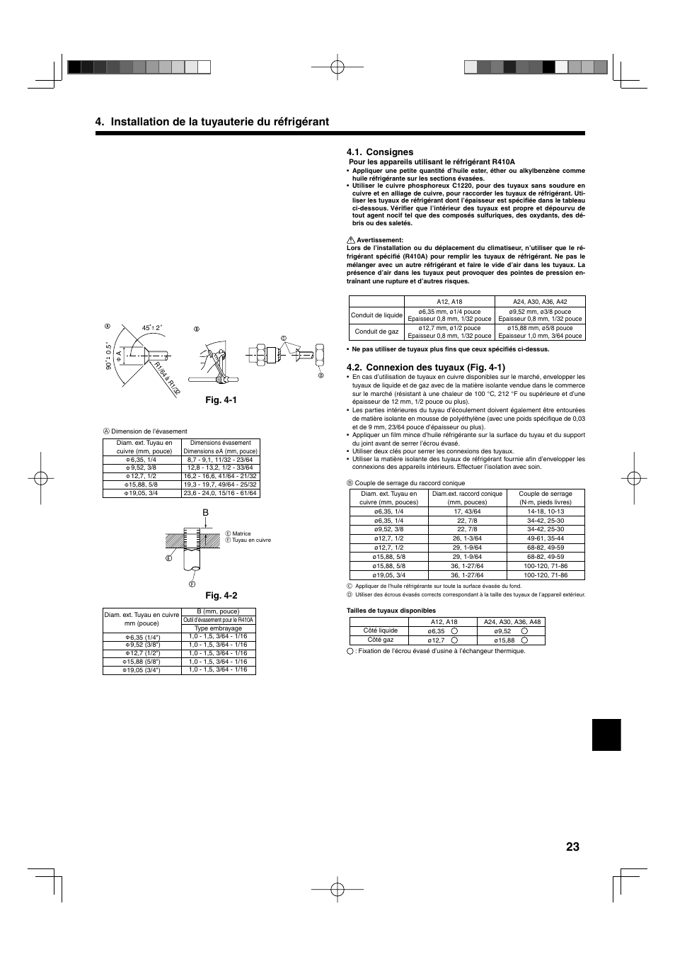 Installation de la tuyauterie du réfrigérant, Consignes, Connexion des tuyaux (fig. 4-1) | Fig. 4-1, Bfig. 4-2 | Mitsumi electronic MR. SLIM PLA-ABA User Manual | Page 23 / 56