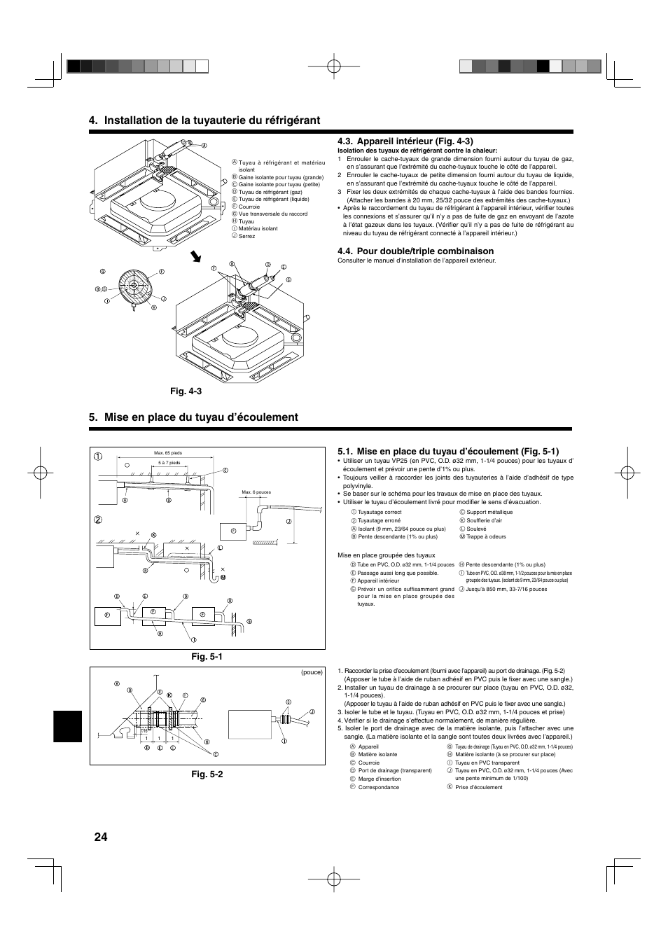 Appareil intérieur (fig. 4-3), Pour double/triple combinaison, Mise en place du tuyau d’écoulement (fig. 5-1) | Fig. 4-3, Fig. 5-1 fig. 5-2 | Mitsumi electronic MR. SLIM PLA-ABA User Manual | Page 24 / 56