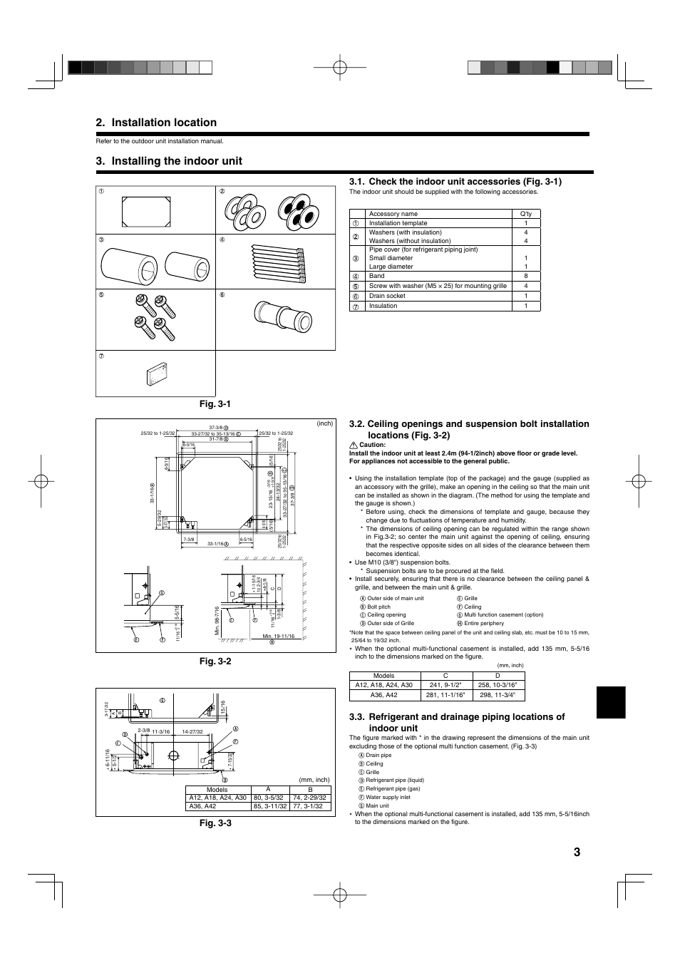 Installation location, Installing the indoor unit, Check the indoor unit accessories (fig. 3-1) | Mitsumi electronic MR. SLIM PLA-ABA User Manual | Page 3 / 56