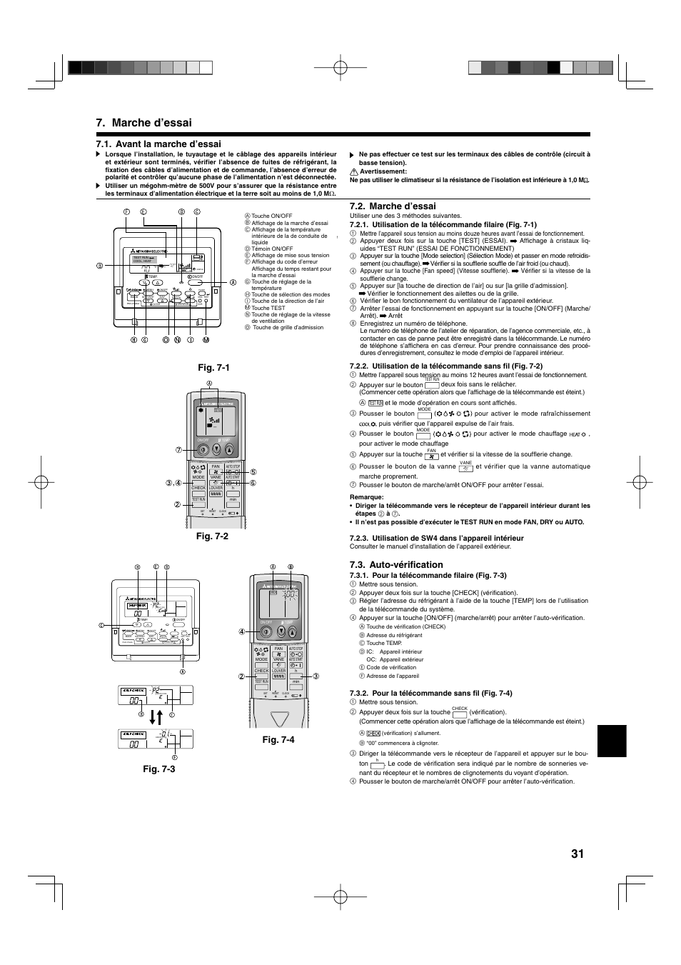 Marche d’essai, Avant la marche d’essai, Fig. 7-2 fig. 7-1 | Auto-vérifi cation, Fig. 7-4 fig. 7-3 | Mitsumi electronic MR. SLIM PLA-ABA User Manual | Page 31 / 56