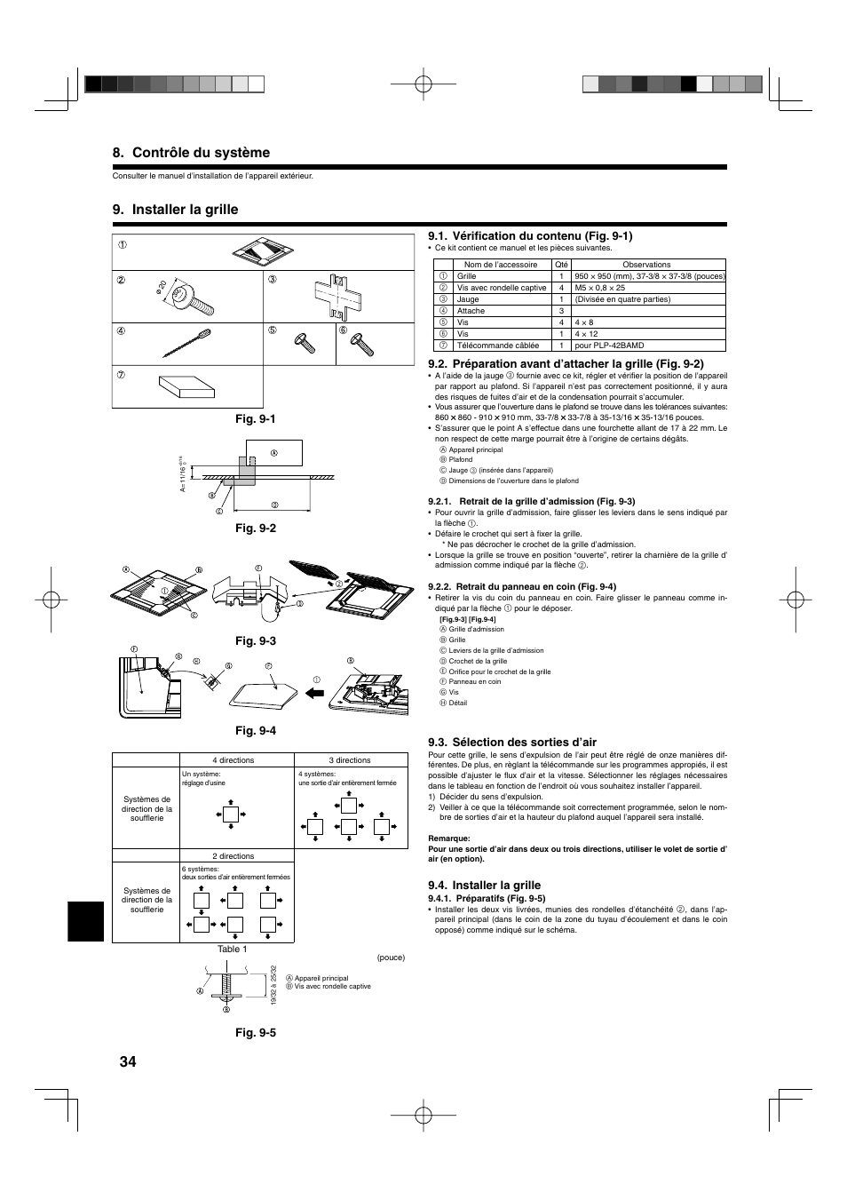 Installer la grille 8. contrôle du système, Vérifi cation du contenu (fig. 9-1), Préparation avant d’attacher la grille (fig. 9-2) | Sélection des sorties d’air, Installer la grille, Fig. 9-5, Fig. 9-1 fig. 9-2, Fig. 9-3 fig. 9-4 | Mitsumi electronic MR. SLIM PLA-ABA User Manual | Page 34 / 56