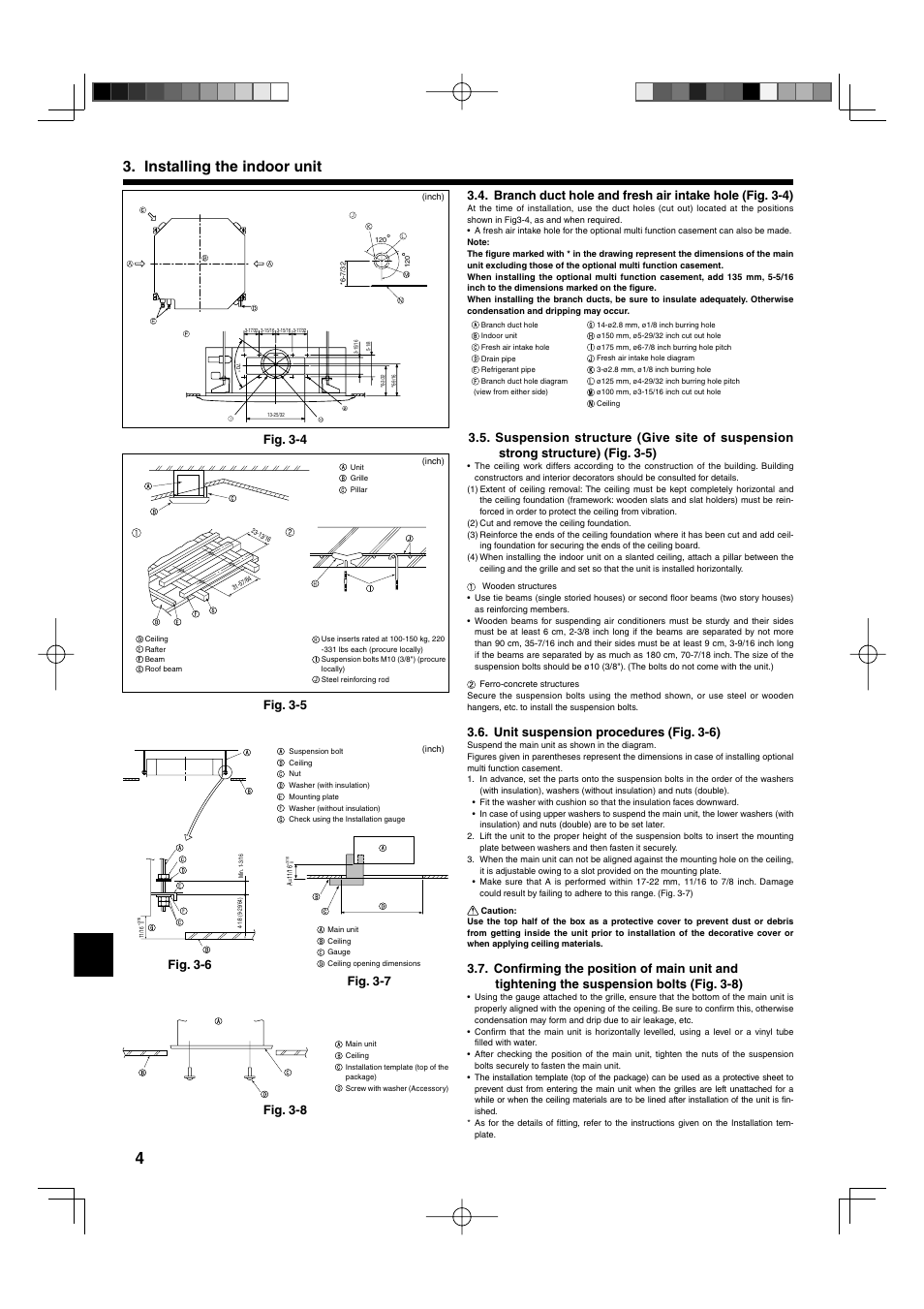 Installing the indoor unit, Unit suspension procedures (fig. 3-6), Fig. 3-5 | Fig. 3-4 | Mitsumi electronic MR. SLIM PLA-ABA User Manual | Page 4 / 56