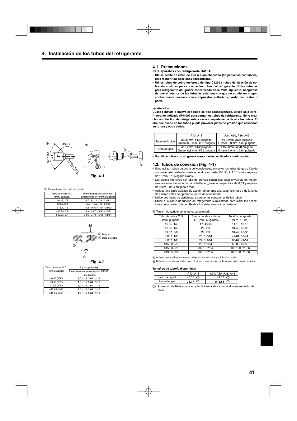 Instalación de los tubos del refrigerante, Precauciones, Tubos de conexión (fig. 4-1) | Fig. 4-1, Bfig. 4-2 | Mitsumi electronic MR. SLIM PLA-ABA User Manual | Page 41 / 56