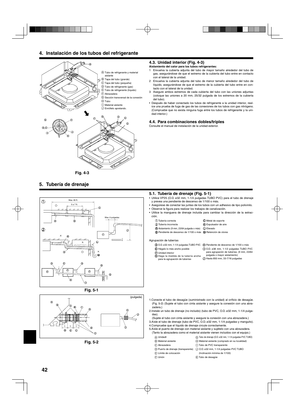 Unidad interior (fig. 4-3), Para combinaciones dobles/triples, Tubería de drenaje (fig. 5-1) | Fig. 4-3, Fig. 5-1 fig. 5-2 | Mitsumi electronic MR. SLIM PLA-ABA User Manual | Page 42 / 56