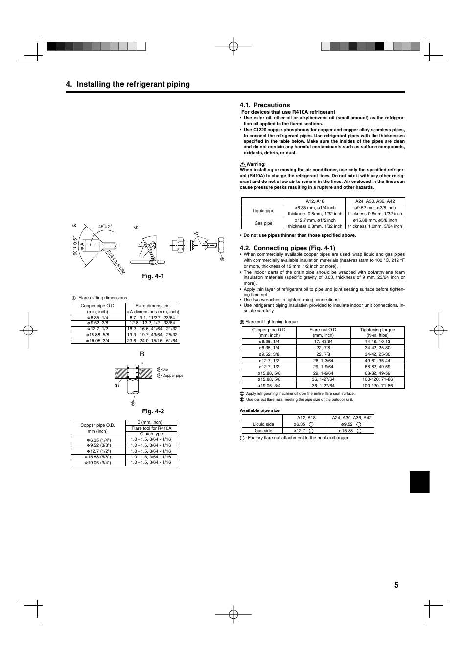 Installing the refrigerant piping, Precautions, Connecting pipes (fig. 4-1) | Fig. 4-1, Bfig. 4-2 | Mitsumi electronic MR. SLIM PLA-ABA User Manual | Page 5 / 56