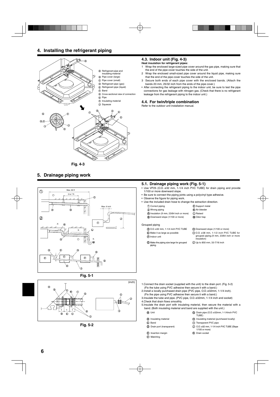 Indoor unit (fig. 4-3), For twin/triple combination, Drainage piping work (fig. 5-1) | Fig. 4-3, Fig. 5-1 fig. 5-2 | Mitsumi electronic MR. SLIM PLA-ABA User Manual | Page 6 / 56