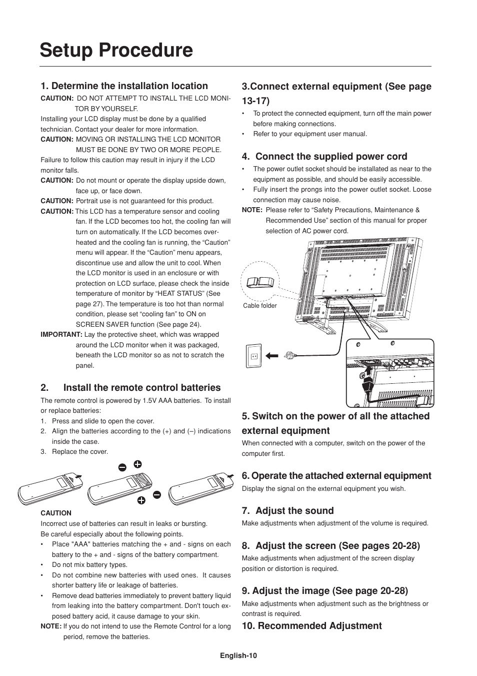 Setup procedure, Determine the installation location, Install the remote control batteries | Connect external equipment (see page 13-17), Connect the supplied power cord, Operate the attached external equipment, Adjust the sound, Adjust the screen (see pages 20-28), Adjust the image (see page 20-28), Recommended adjustment | Mitsumi electronic Untitle LDT37Iv User Manual | Page 12 / 37