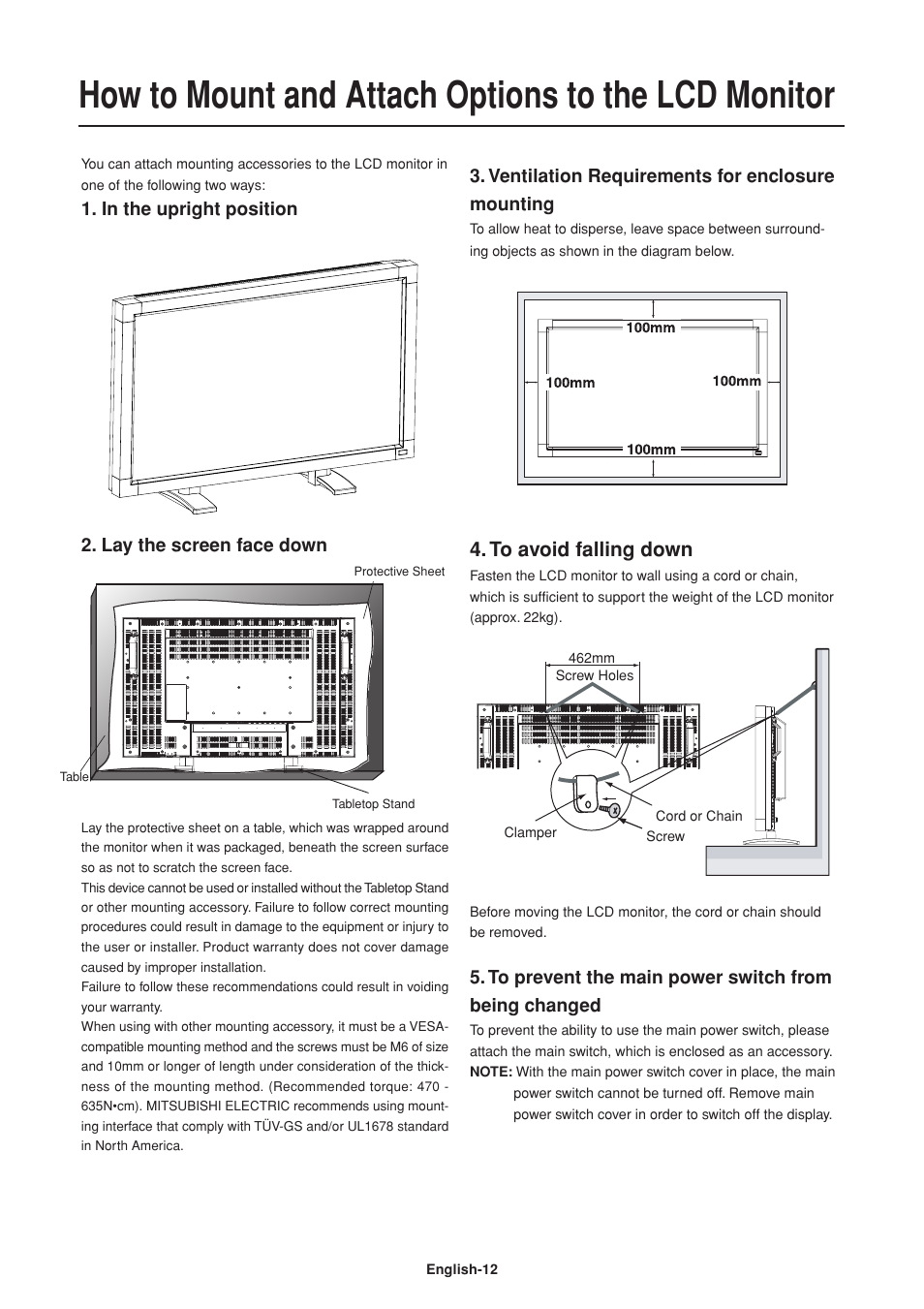 How to mount and attach options to the lcd monitor, Ventilation requirements for enclosure mounting | Mitsumi electronic Untitle LDT37Iv User Manual | Page 14 / 37