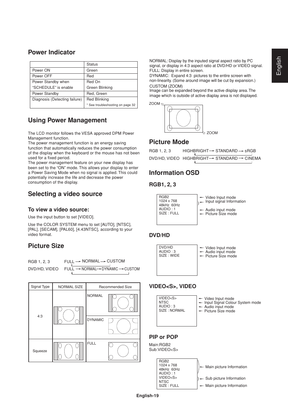 Power indicator using power management, Selecting a video source, Picture size | Information osd, Picture mode, English, Power indicator, Rgb1, 2, 3 dvd/hd video<s>, video pip or pop | Mitsumi electronic Untitle LDT37Iv User Manual | Page 21 / 37