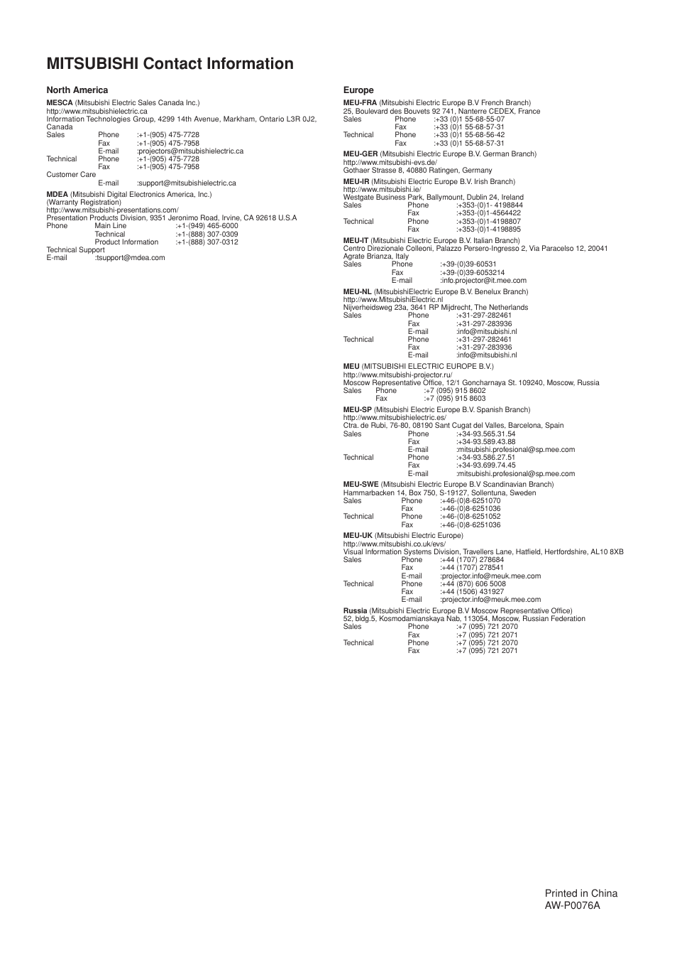 Mitsubishi contact information, Printed in china aw-p0076a | Mitsumi electronic Untitle LDT37Iv User Manual | Page 37 / 37