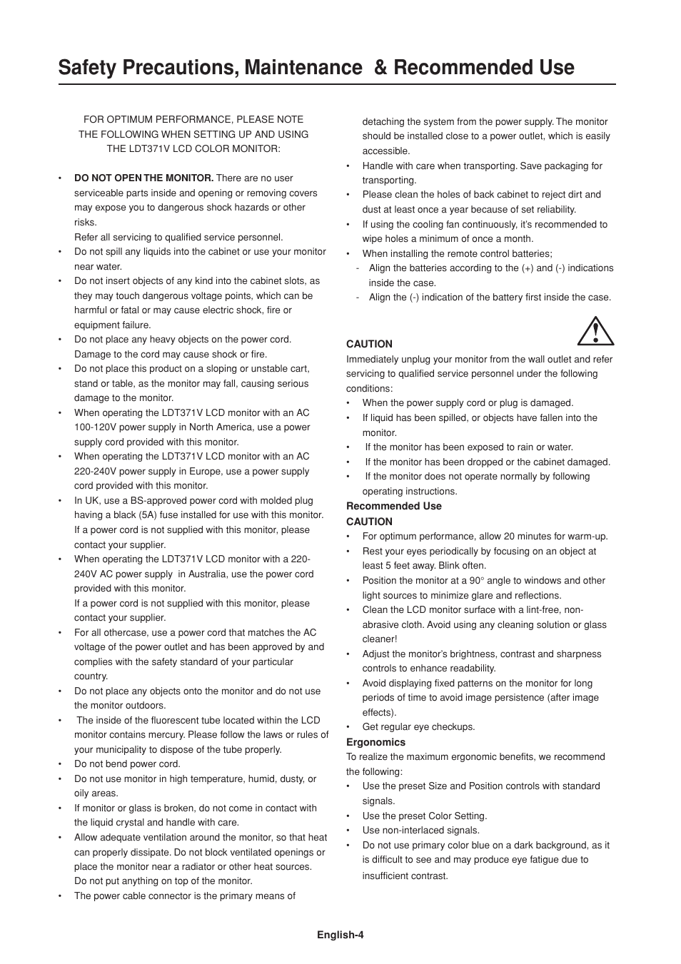 Safety precautions, maintenance & recommended use | Mitsumi electronic Untitle LDT37Iv User Manual | Page 6 / 37
