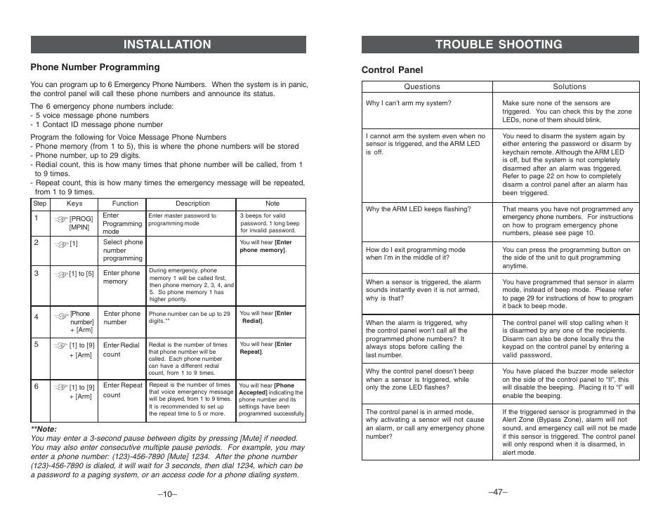 Installation, Trouble shooting, Phone number programming | Control panel | Multi-Link ML-001 User Manual | Page 12 / 30