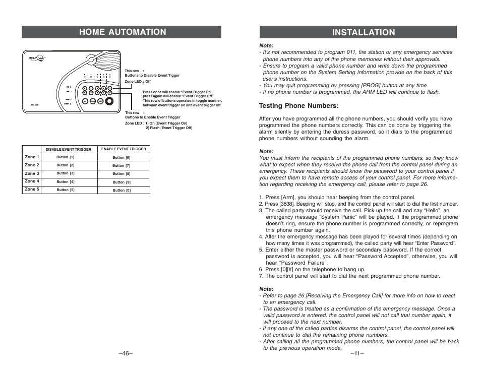 Installation, Home automation, Testing phone numbers | Multi-Link ML-001 User Manual | Page 13 / 30