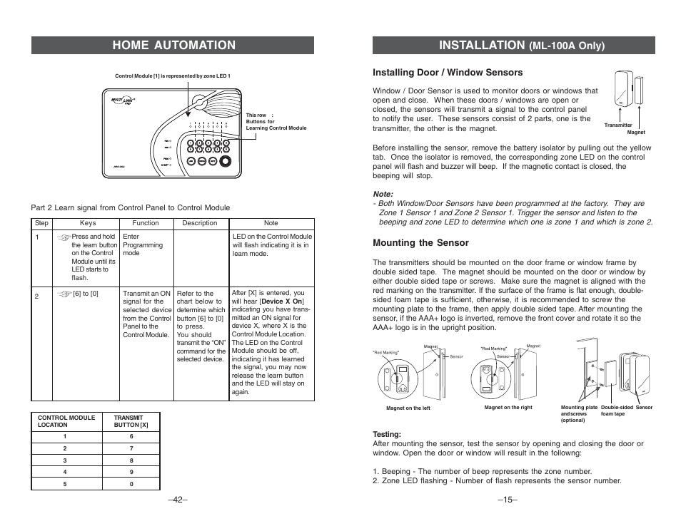 Home automation, Installation, Ml-100a only) | Mounting the sensor, Installing door / window sensors | Multi-Link ML-001 User Manual | Page 17 / 30