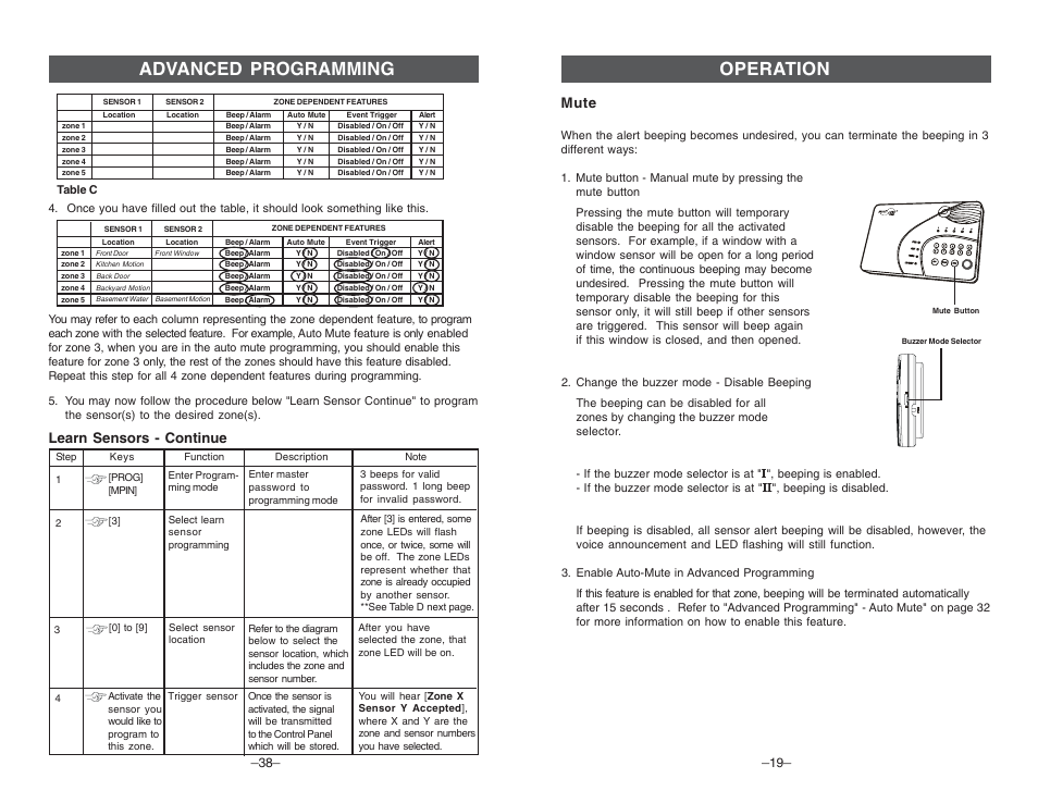 Operation, Advanced programming, Mute | Learn sensors - continue | Multi-Link ML-001 User Manual | Page 21 / 30