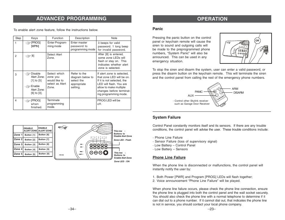 Advanced programming, Operation, System failure | Panic | Multi-Link ML-001 User Manual | Page 25 / 30