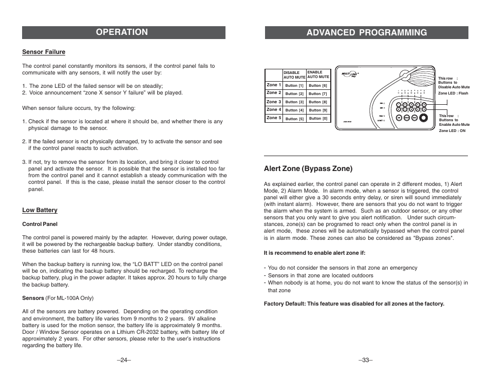 Advanced programming, Operation, Alert zone (bypass zone) | Multi-Link ML-001 User Manual | Page 26 / 30