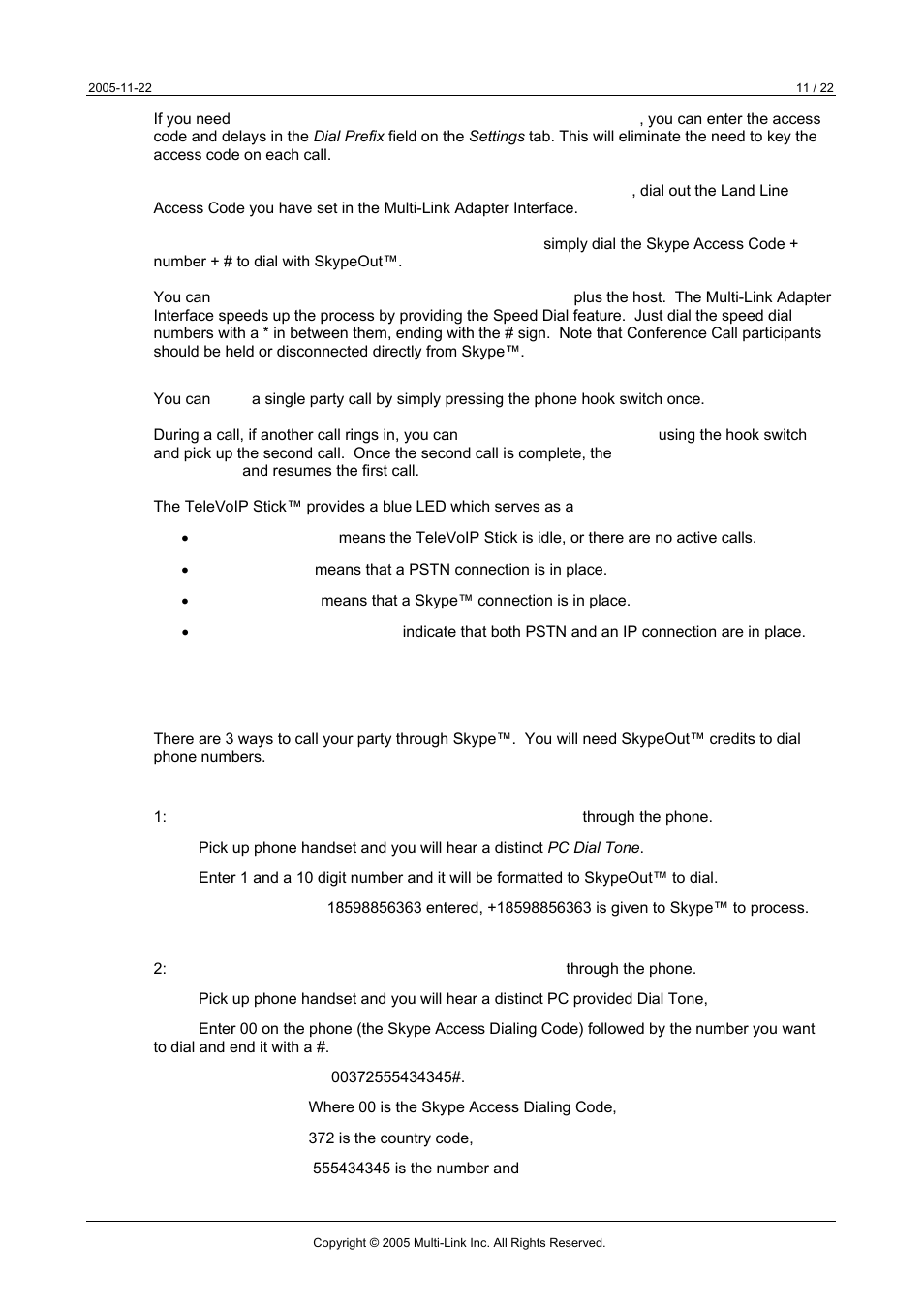 1 dialing calls through the televoip stick, 1 calling out through skype and skypeout | Multi-Link TeleVoIP Stick User Manual | Page 11 / 22