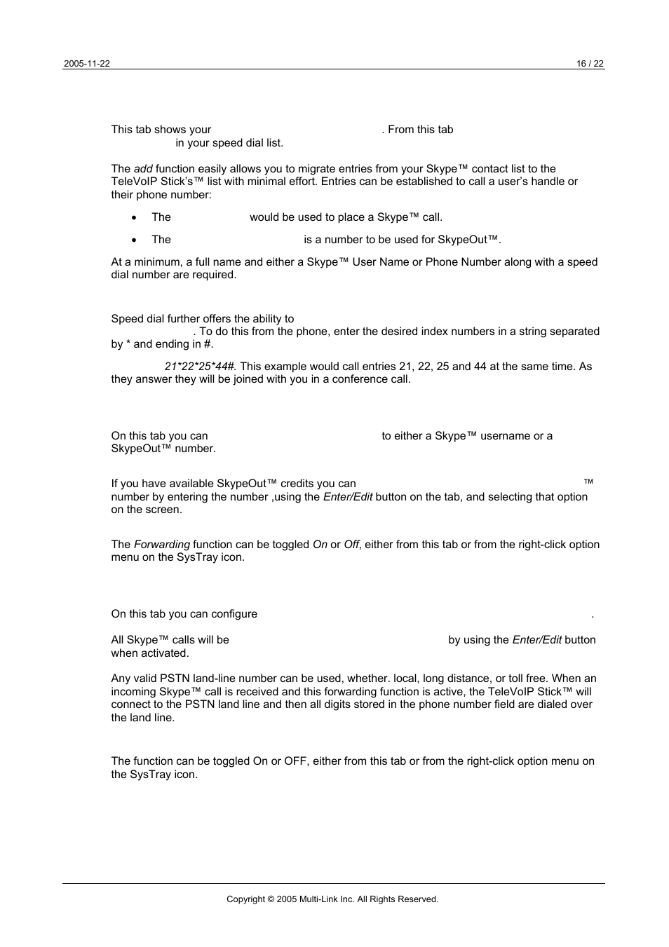 4 speed dial tab, 5 call forwarding tab, 6 skype forwarding tab | Multi-Link TeleVoIP Stick User Manual | Page 16 / 22