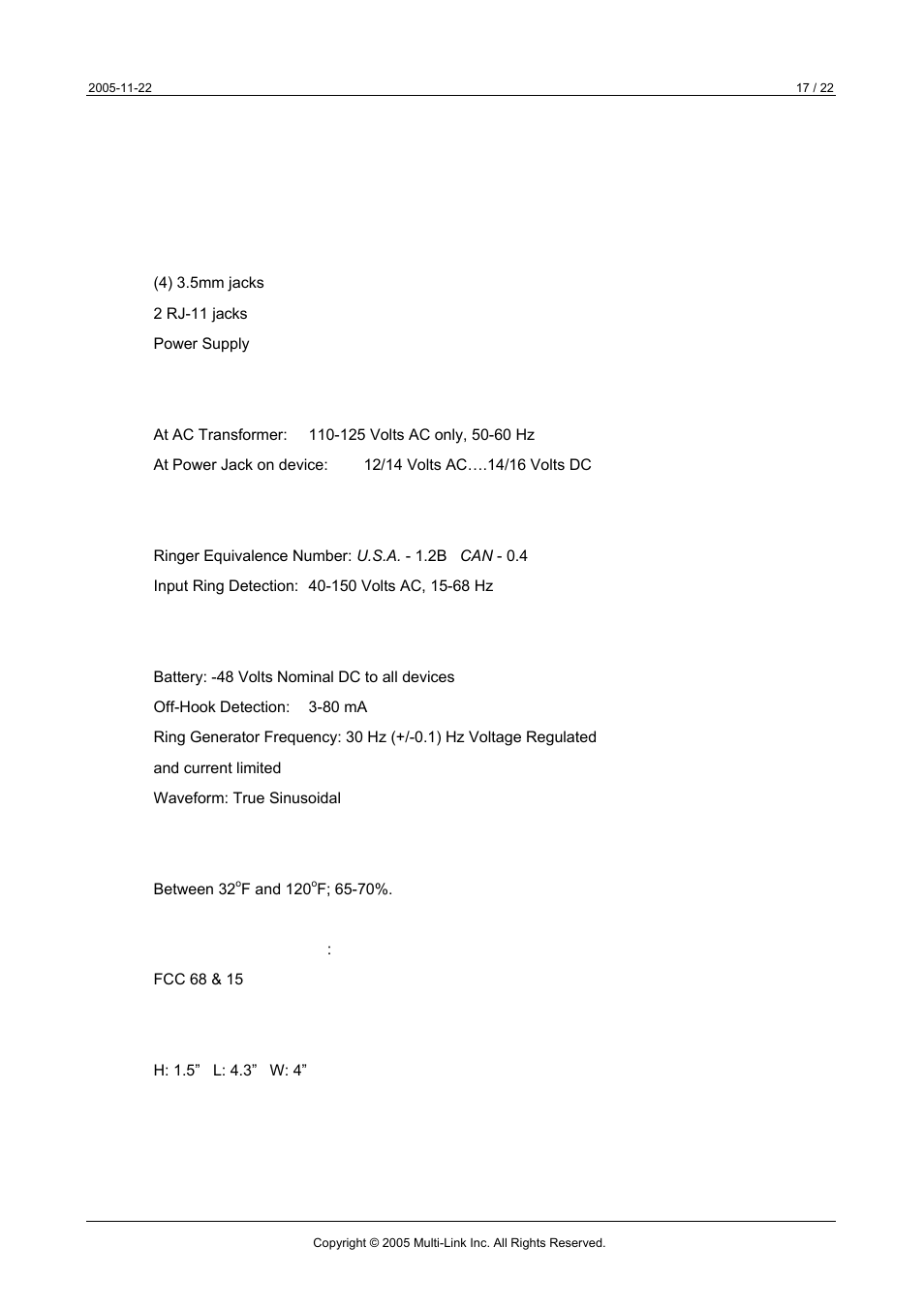 Technical specifications | Multi-Link TeleVoIP Stick User Manual | Page 17 / 22