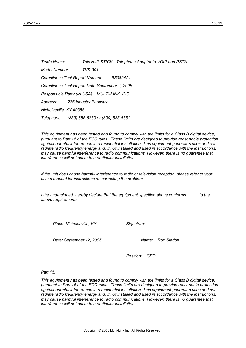 1 compliance, 1 fcc registration: declaration of conformity | Multi-Link TeleVoIP Stick User Manual | Page 18 / 22