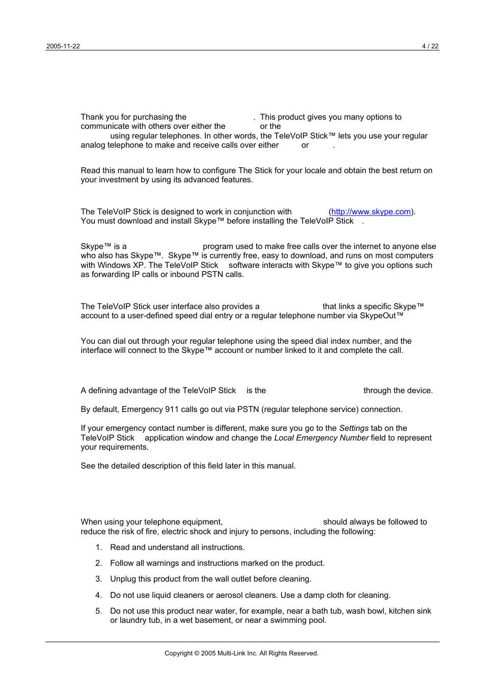 Introduction to the televoip stick, 1 911 calls, 2 important safety instructions | Multi-Link TeleVoIP Stick User Manual | Page 4 / 22