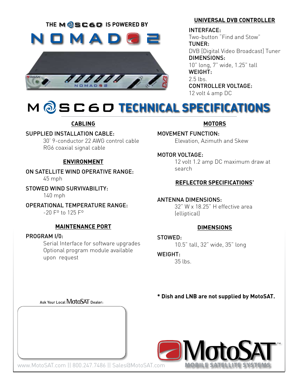 Technical specifications | MotoSAT MSC60 User Manual | Page 2 / 2