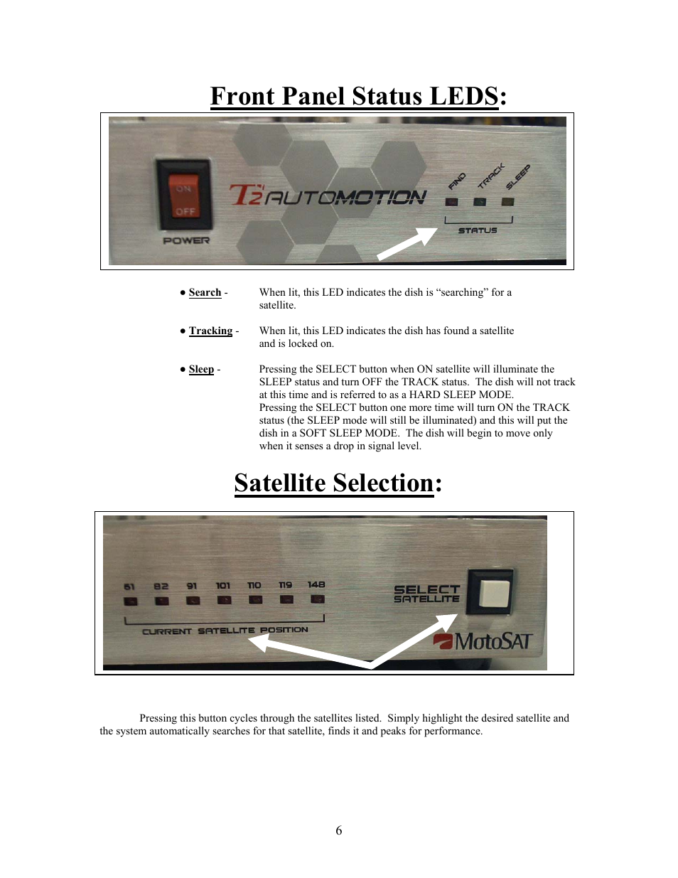 Front panel status leds, Satellite selection | MotoSAT AutoMotion Dome T2 User Manual | Page 6 / 9