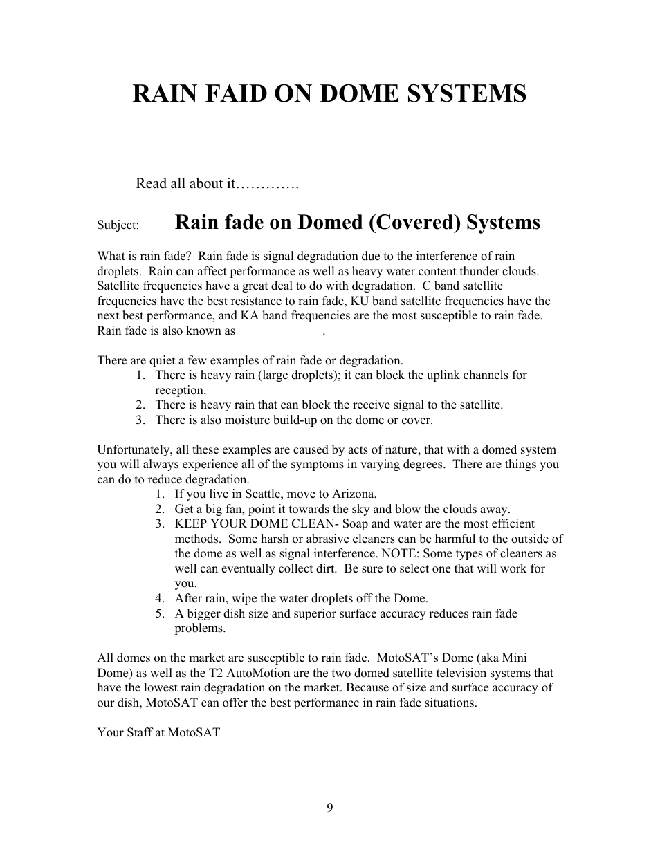 Rain faid on dome systems, Rain fade on domed (covered) systems | MotoSAT AutoMotion Dome T2 User Manual | Page 9 / 9