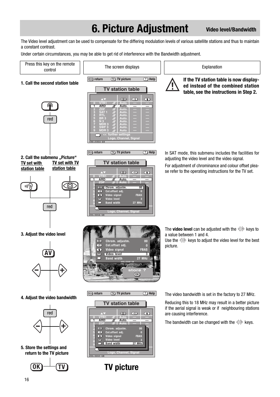 Picture adjustment, Tv picture, Ok tv | Video level/bandwidth, Tv station table | Metz 1014 083 User Manual | Page 16 / 27