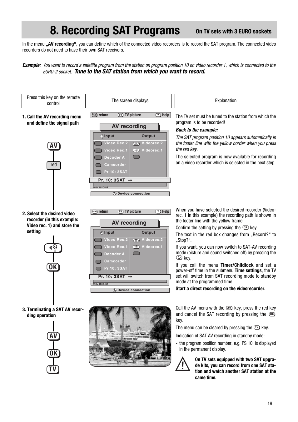 Recording sat programs, Ok tv, On tv sets with 3 euro sockets | Metz 1014 083 User Manual | Page 19 / 27