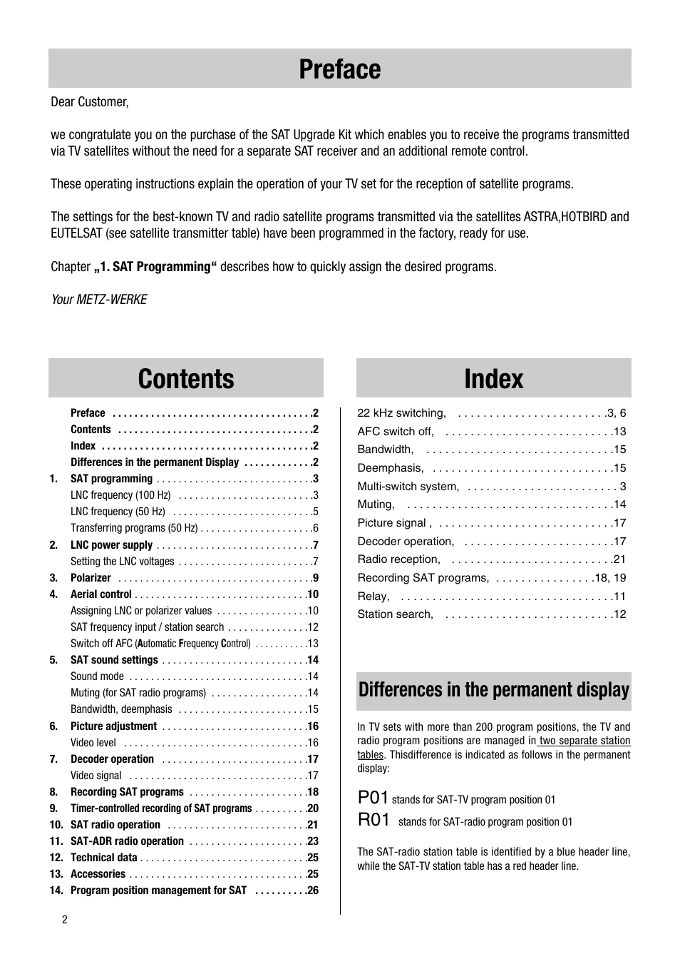 Preface contents index, Differences in the permanent display | Metz 1014 083 User Manual | Page 2 / 27