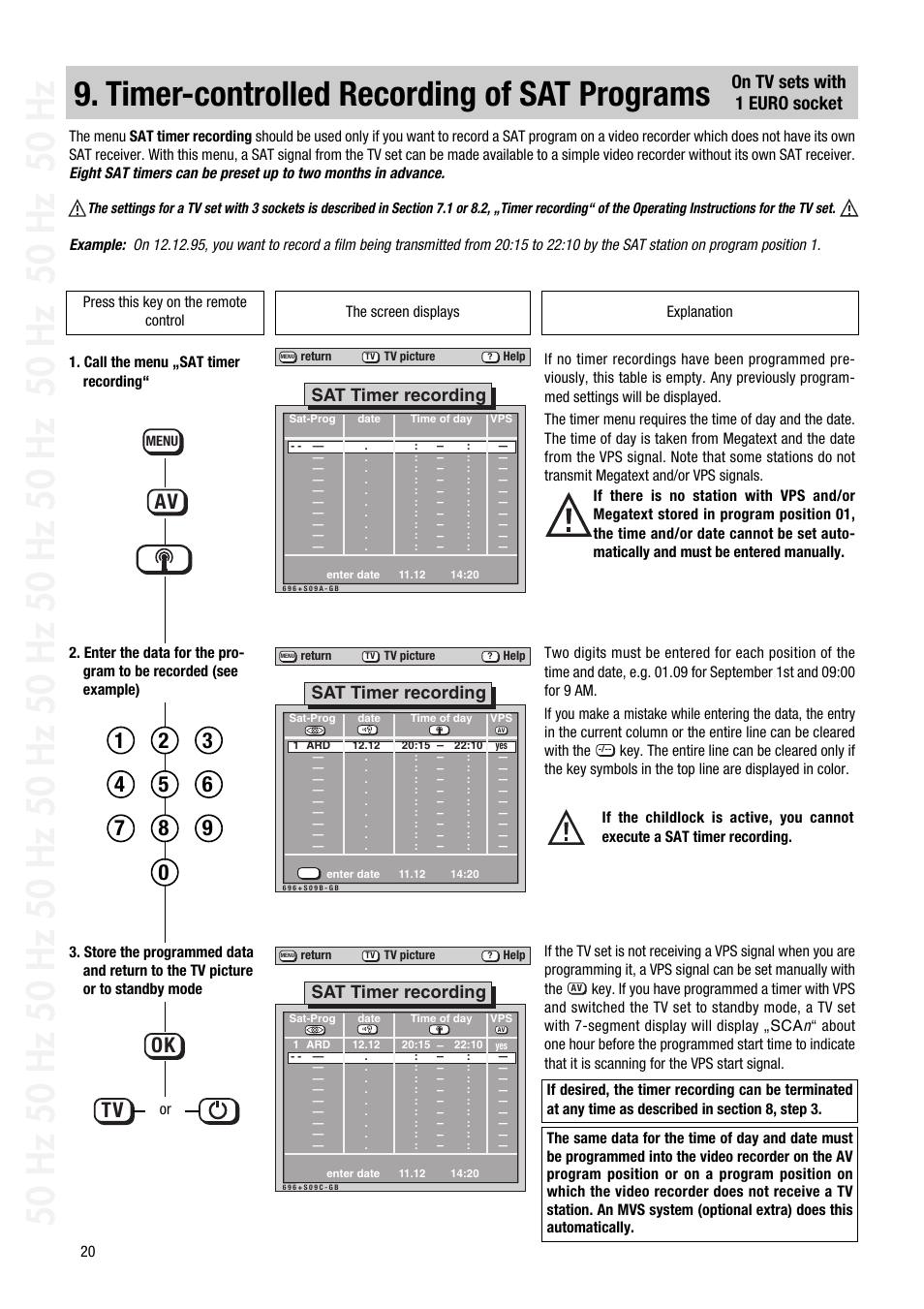 Timer-controlled recording of sat programs, Ok tv, On tv sets with 1 euro socket | Sat timer recording | Metz 1014 083 User Manual | Page 20 / 27