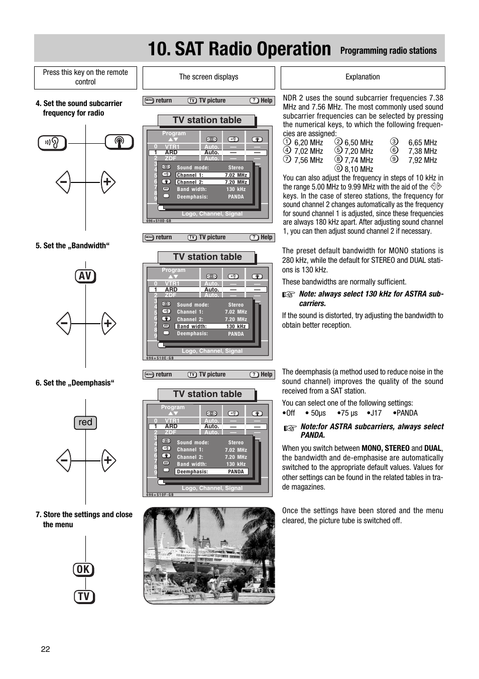 Sat radio operation, Programming radio stations, Tv station table | Metz 1014 083 User Manual | Page 22 / 27
