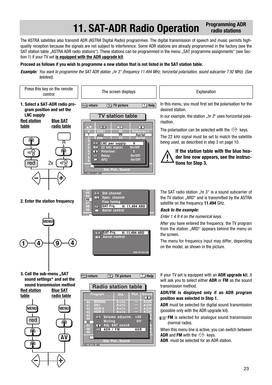 Sat-adr radio operation, Programming adr radio stations, Tv station table | Radio station table | Metz 1014 083 User Manual | Page 23 / 27