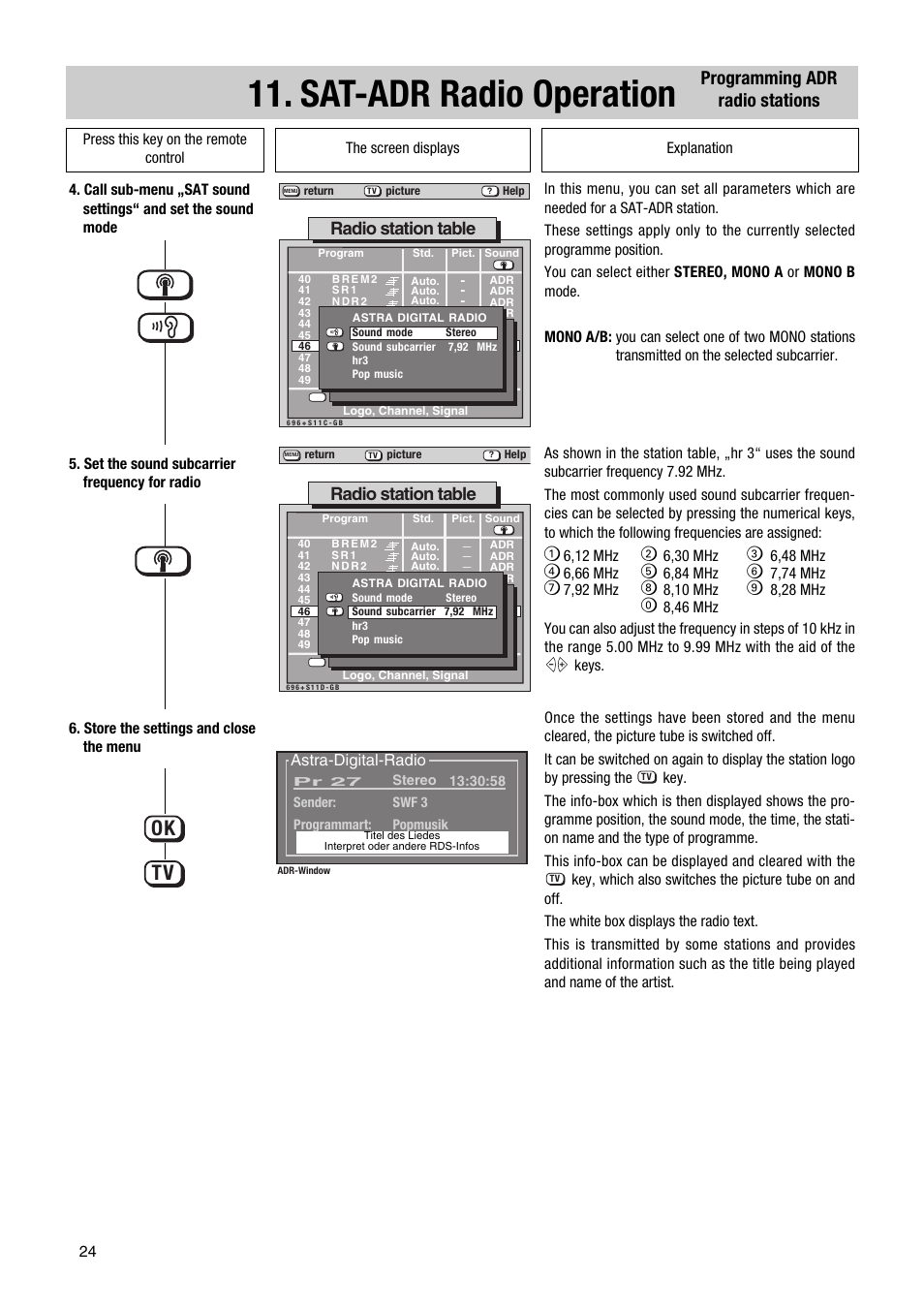 Sat-adr radio operation, Programming adr radio stations, Radio station table | Metz 1014 083 User Manual | Page 24 / 27