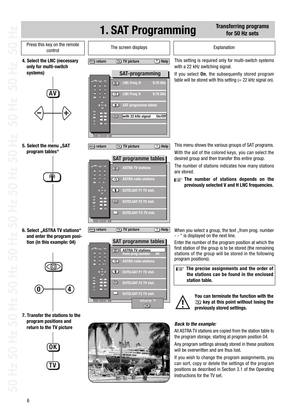 Sat programming, Ok tv, Transferring programs for 50 hz sets | Sat-programming, Sat programme tables | Metz 1014 083 User Manual | Page 6 / 27